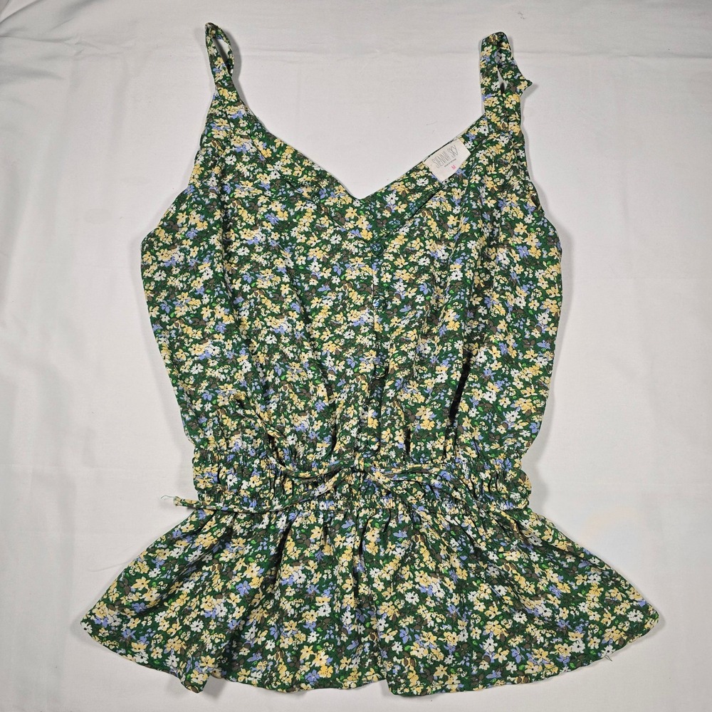Sienna Sky Green Floral Peplum Cami Top Smocked Waist V-Neck Medium